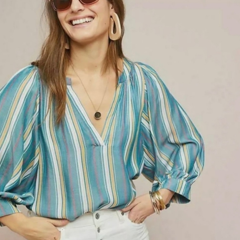 Anthropologie Maeve Brenda Striped Flowy Rayon Peasant Top Puff Sleeve Boho SM